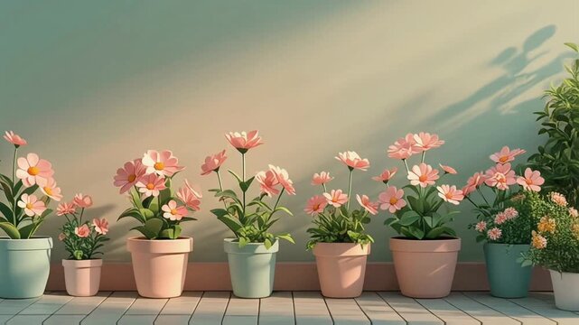 A row of potted flowers bathed in gentle sunlight, soft shadows and muted colors creating a calm indoor garden scene with a minimalist, airy background.