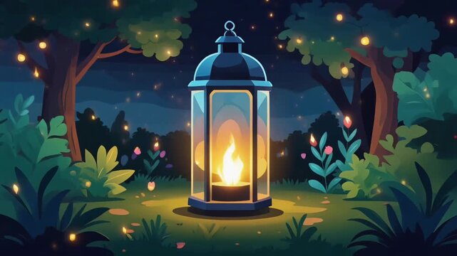 A glowing lantern lights a peaceful night garden, surrounded by soft foliage and warm tones. Dreamy illustration perfect for calm, relaxation, and atmospheric storytelling.