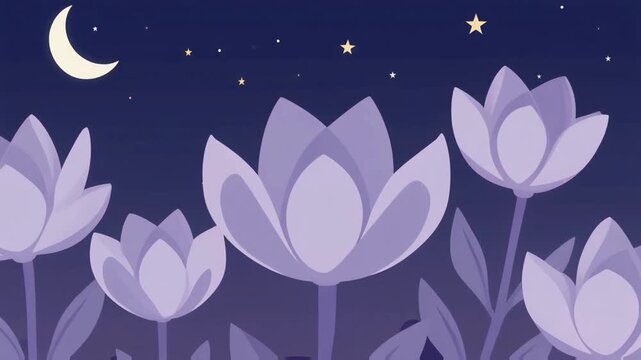 Lotus flowers blooming under starry night sky creating calm spiritual scene with soft moonlight and peaceful meditation inspired illustration.