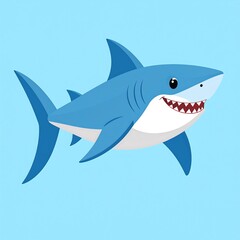 Cartoon shark with blue back, white belly, smiling with visible teeth, on light blue background