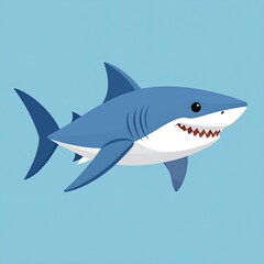 Obraz premium Cartoon shark with sharp teeth against a light blue background, swimming to the right of the frame