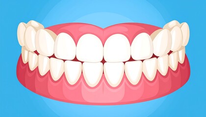 Obraz premium Cartoon teeth Complete set of upper and lower teeth showcased in a cartoon style on blue background