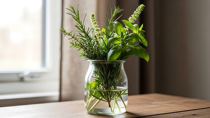 Fresh Greenery in Glass Vase on Table.