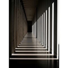 Obraz premium Light and Shadow Patterns in Modern Architectural Corridor with Vertical Columns Interior View Abstract Concept