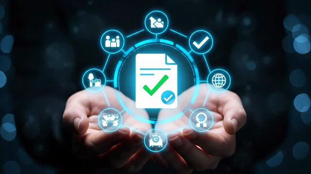 Holding glowing document icon with green checkmark, symbolizing compliance and standardization on a dark bokeh background. Business concept.