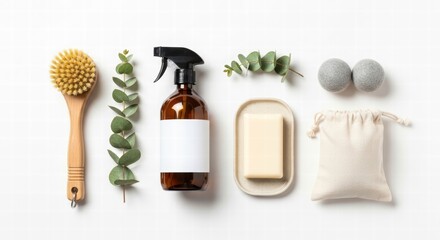Eco-Friendly Essentials: An array of sustainable cleaning supplies, showcasing a wooden brush, reusable spray bottle, organic soap, and eco-conscious accessories.