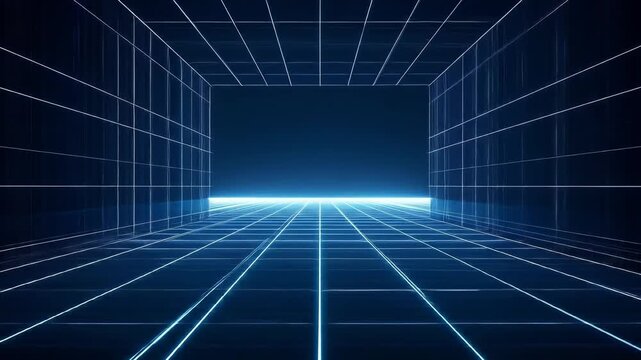Abstract virtual reality hallway with grid floor and walls glowing in blue.
