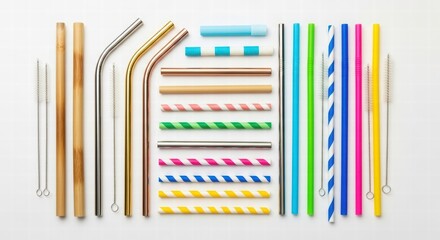 Eco-Friendly Straw Assortment: A diverse array of eco-friendly drinking straws showcases various materials and designs, inviting sustainable choices.