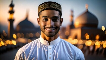 Portrait of a Smiling Muslim Man with Mosque Background.