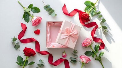 Gift Box with Pink Ribbon and Roses.