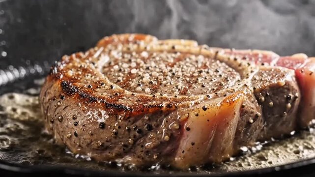 A dramatic close-up of meat searing in a skillet, forming a golden crust with rich steam and smoke.