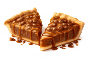 Two delicious pecan pie slices with rich caramel sauce dripping, sweet dessert for holiday and bakery concepts