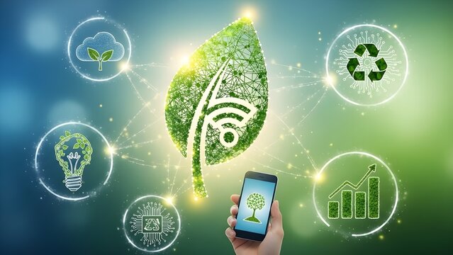 eco friendly technology interface with leaf symbols representing green innovation and sustainable solutions - Powered by Adobe
