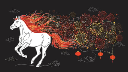white horse with red mane and fireworks © Azizi