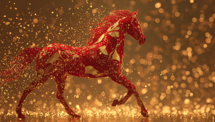 Majestic red and gold horse gallops gracefully against shimmering golden background, embodying spirit of celebration and prosperity. This stunning representation captures essence of Chinese New