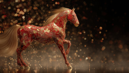 Majestic red and gold horse stands gracefully against shimmering background, embodying spirit of celebration and prosperity. This stunning representation captures essence of Chinese New Year