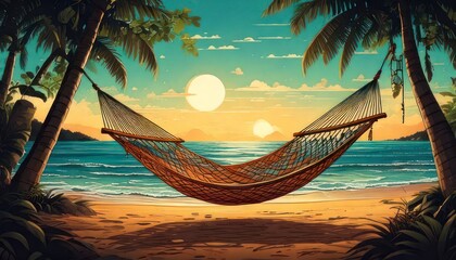 Relaxing Beach Scene with Hammock and Palm Trees at Sunset.