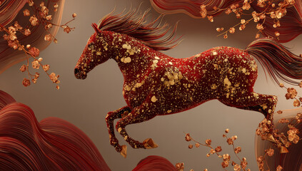 Vibrant red and gold horse gallops gracefully, adorned with golden elements and surrounded by flowing waves and delicate blossoms, evoking sense of elegance and beauty