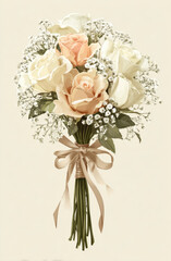 Beautiful bouquet of roses featuring soft peach and white blooms, surrounded by delicate baby breath and lush greenery, tied together with satin ribbon. This elegant arrangement evokes feelings