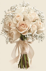 Beautiful bouquet of soft, creamy roses surrounded by delicate baby breath, tied with satin ribbon, perfect for weddings or special occasions