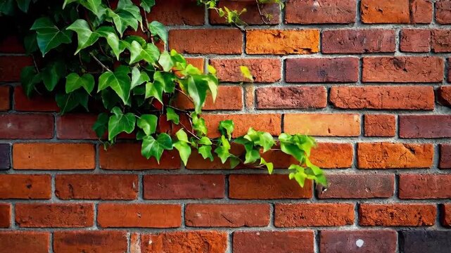 A rustic brick wall is partially covered by vibrant green ivy, creating a natural texture.