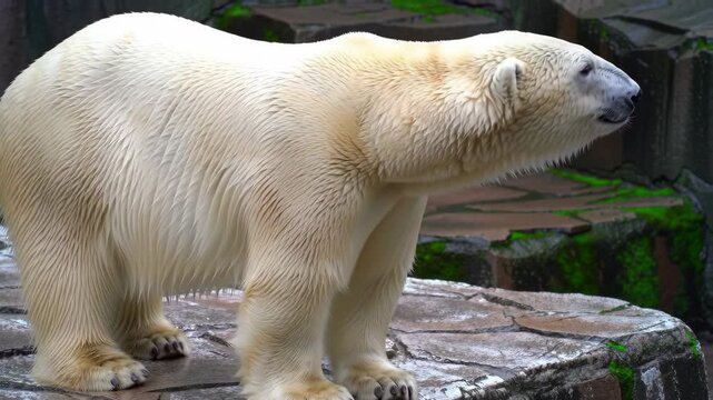 A beautiful polar bear stands on a rocky surface with green moss. Its white fur is thick and its eyes are visible. The background is a natural zoo habitat setting.