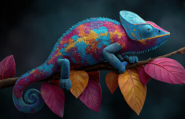 Vibrant, colorful chameleon rests on tree branch surrounded by bright leaves, showcasing intricate patterns and textures. scene evokes sense of wonder and beauty in nature