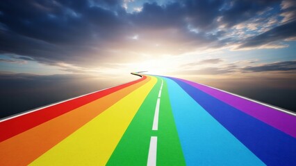 Colorful Rainbow Road Leading Towards a Bright Sunset Sky Concept of Hope and Future