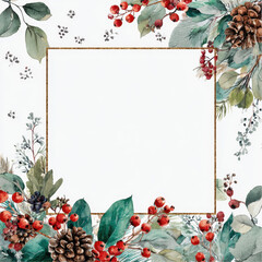 Beautiful watercolor Christmas floral frame featuring red berries, pinecones, and green leaves, perfect for adding festive touch to any design