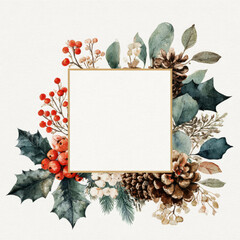 Beautiful watercolor Christmas floral frame featuring pinecones, holly leaves, red berries, and greenery, perfect for holiday greetings or invitations
