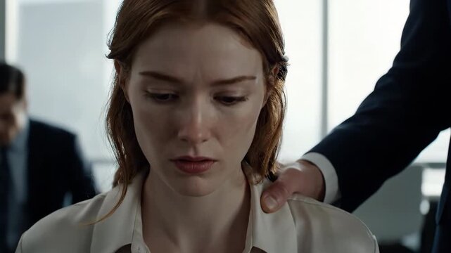 A woman is touched by a male colleague in the office. She is upset because of the harassment. This image shows abusive situations at workplace.