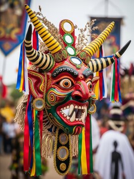 traditional Diablada mask at a Latin American carnival. Close-up of a colorful devil mask with horns and fangs during an Andean folk festival. Perfect for travel and cultural heritage news.
