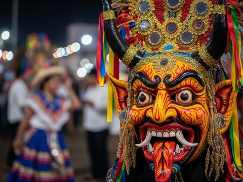 traditional Diablada mask at a Latin American carnival. Close-up of a colorful devil mask with horns and fangs during an Andean folk festival. Perfect for travel and cultural heritage news.