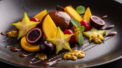 Artistic chocolate dessert featuring passion fruit, carambola, and edible flowers on a dark plate. Professional fine dining presentation of tropical flavors and textures.