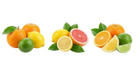 Assortment of Fresh Citrus Fruits with Leaves on White Background