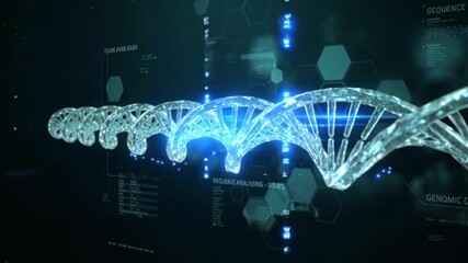 DNA double helix glows in neon blue against a dark background with floating data elements and hexagonal overlays. The composition conveys genomic research, bioinformatics and advanced laboratory techn - Powered by Adobe