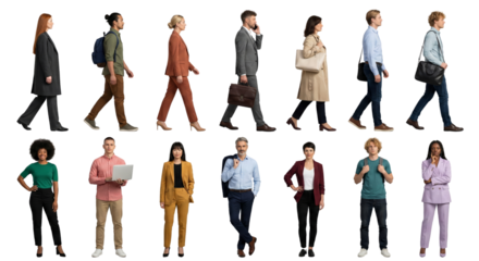 Diverse Group of Business People Walking and Standing, Isolated on White Background