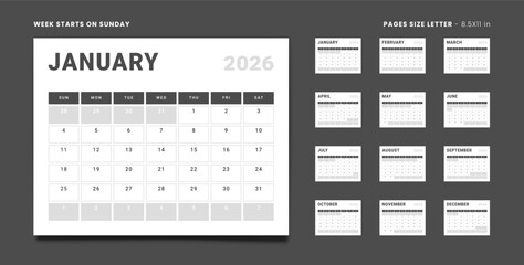 Set of 12 Pages Monthly Calendar Planner Templates with Logo Company on 2026 year. Vector mockup of wall or desktop organizer grid with the week start on Sunday ready print. Pages Letter -8.5x11 in