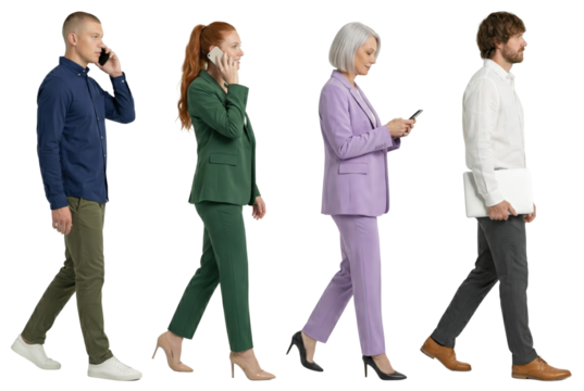 Diverse business people walking and using technology, isolated on white background - Powered by Adobe