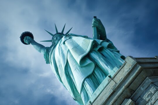 close-up of the statue of liberty holding a torch, with a blue sky background