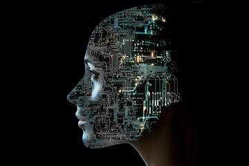 Profile of a human face with digital circuit patterns overlaying the head, symbolizing artificial intelligence and technology integration.