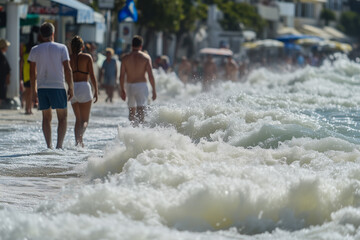 People walk along a beach shoreline with waves crashing, some in swimwear, under a sunny sky with beachside shops in the background.