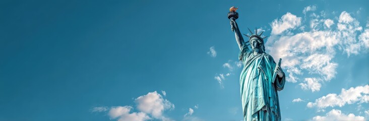 Fototapeta premium statue of liberty against a blue sky, new york city, usa. a wide banner with a copy space area