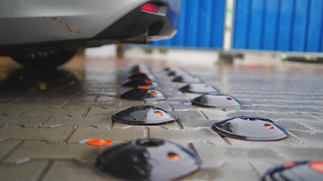 Dotted speed bumper on asphalt street forces cars to break and slow down the drive way and pass the obstacal safely to prevent accidents near school or hospitals, slow motion