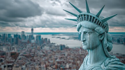 Fototapeta premium statue of liberty is crying, with a city background