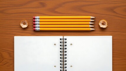 Stationery items on wooden desk with pencils and notebook