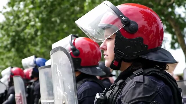 A row of riot police officers in black uniforms and red helmets stand holding shields in an outdoor setting during the day.