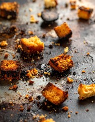 Charred, scattered croutons with crumbs lie on a dark, stained baking sheet, close-up view
