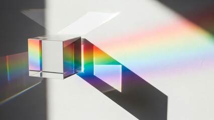Glass Cube Prism with Rainbow Light Refraction and Spectral Reflection on White Wall