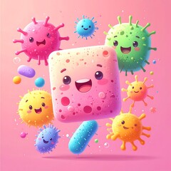 Cheerful cartoon microbes surround a friendly, porous cube, all against a pink background